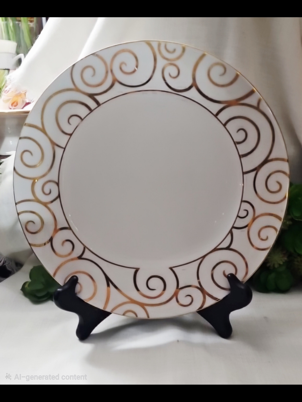 Pier 1 White Dinner Plate with Gold Swirl Scroll Border